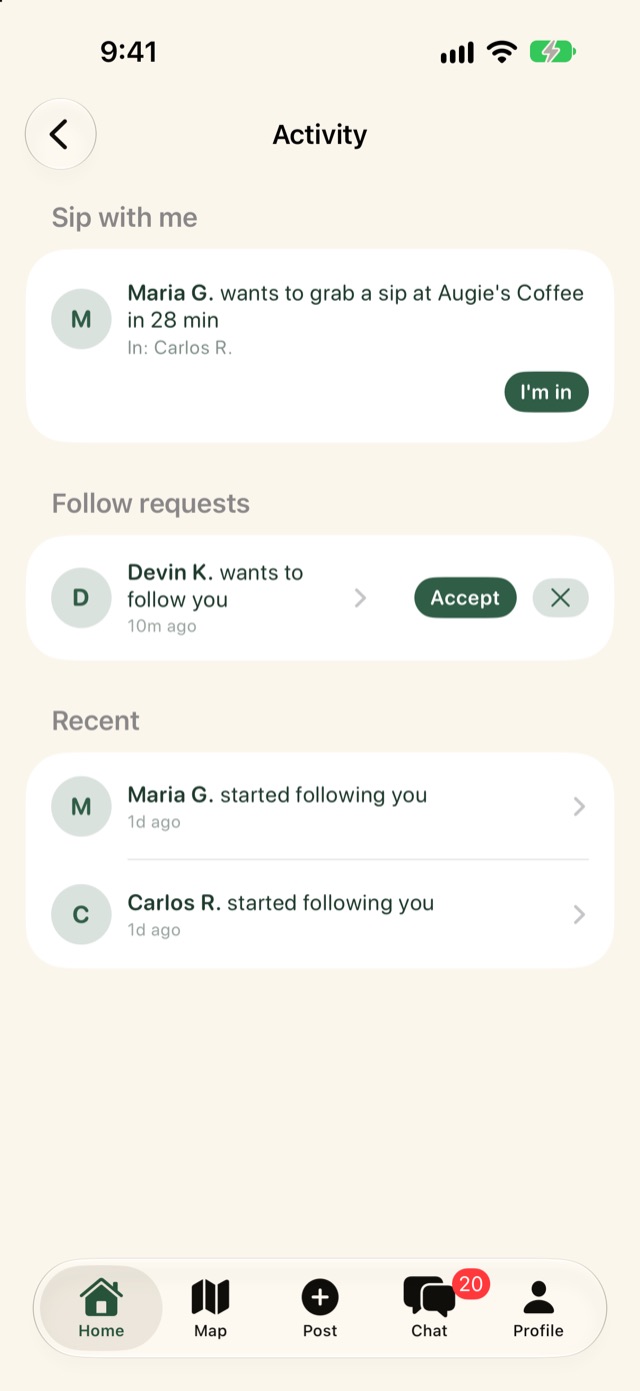 A friend's Sip with me invite in Activity